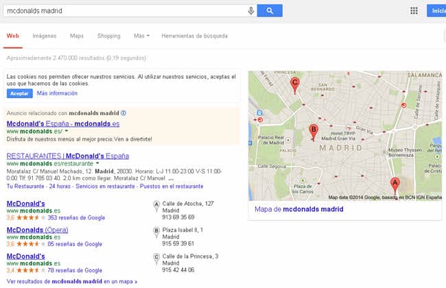dominar primera pagina google serps google plus local macdonalds madrid
