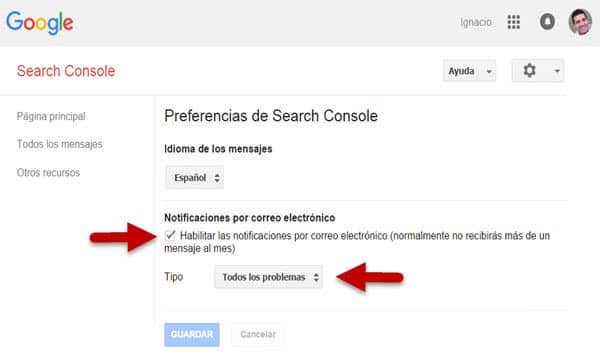 tutorial google search console configuracion preferencias mensajes