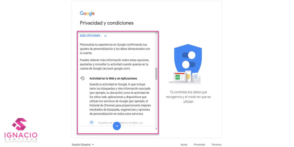 como crear cuenta google correo electronico gmail español privacidad condiciones opciones
