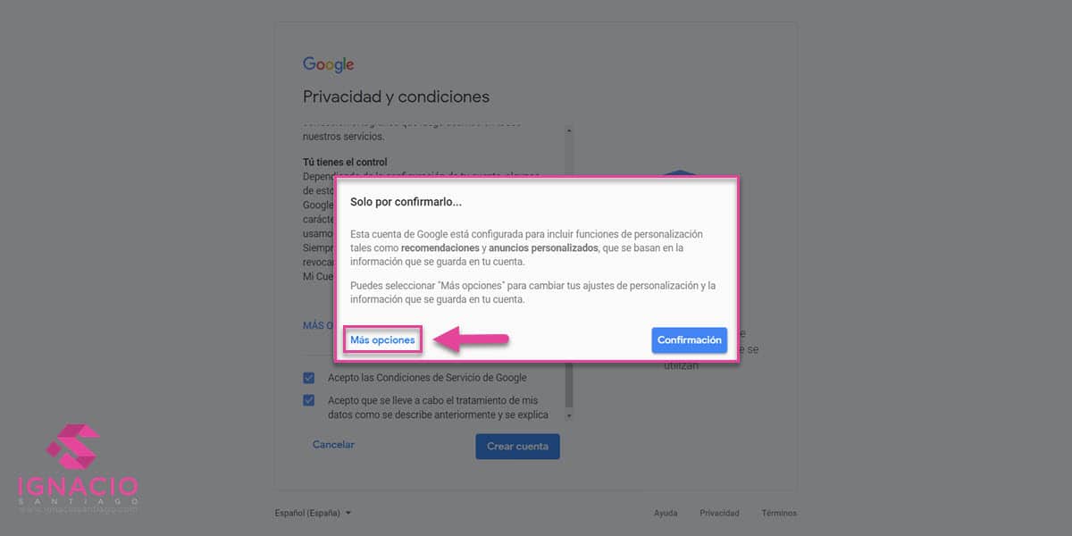 como crear cuenta google correo electronico gmail español privacidad condiciones opciones
