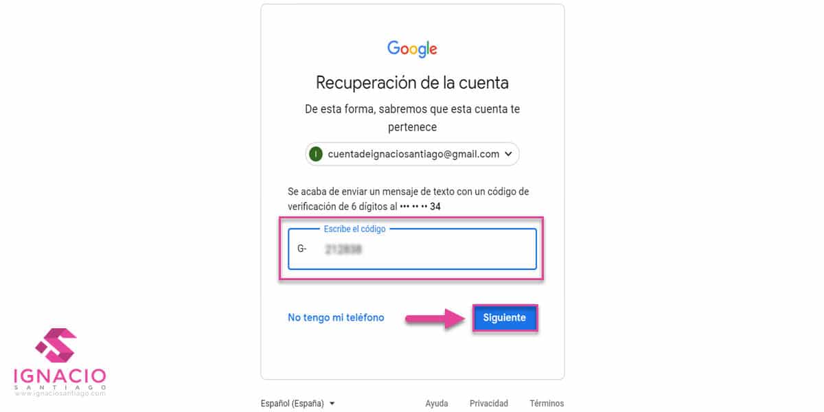 como recuperar restablecer contraseña cuenta google correo electronico gmail español telefono movil sms
