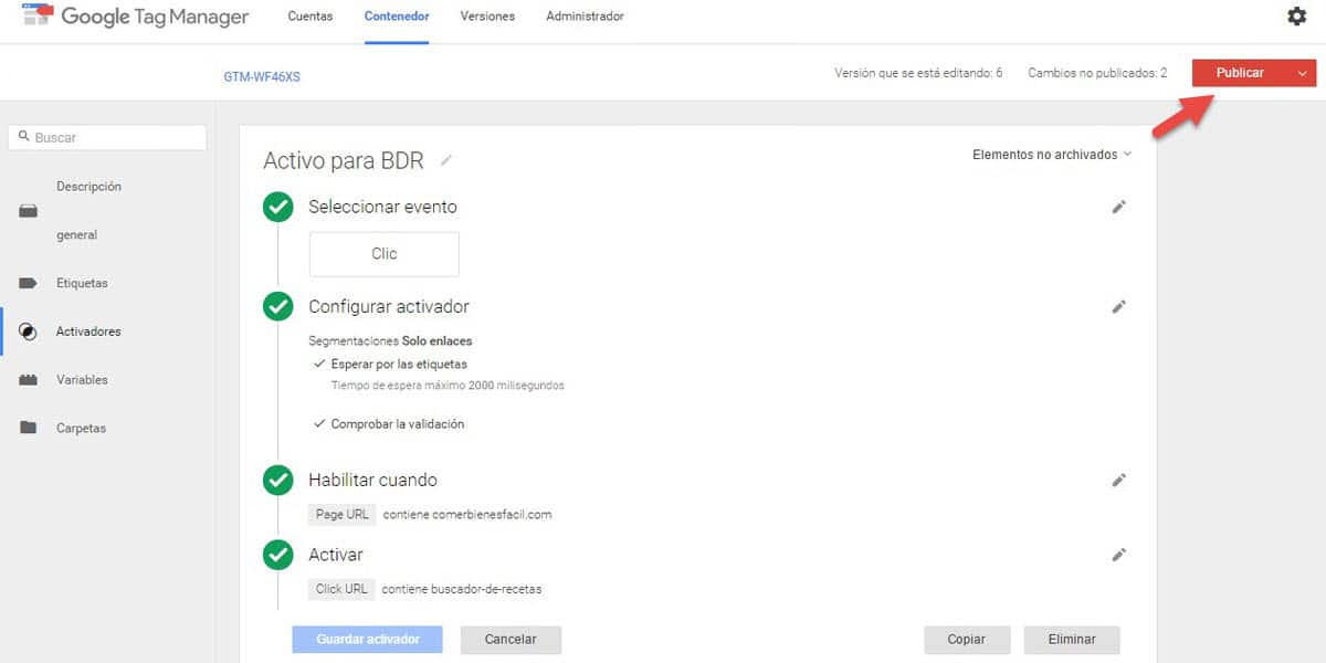 tutorial google tag manager activador buscador de recetas