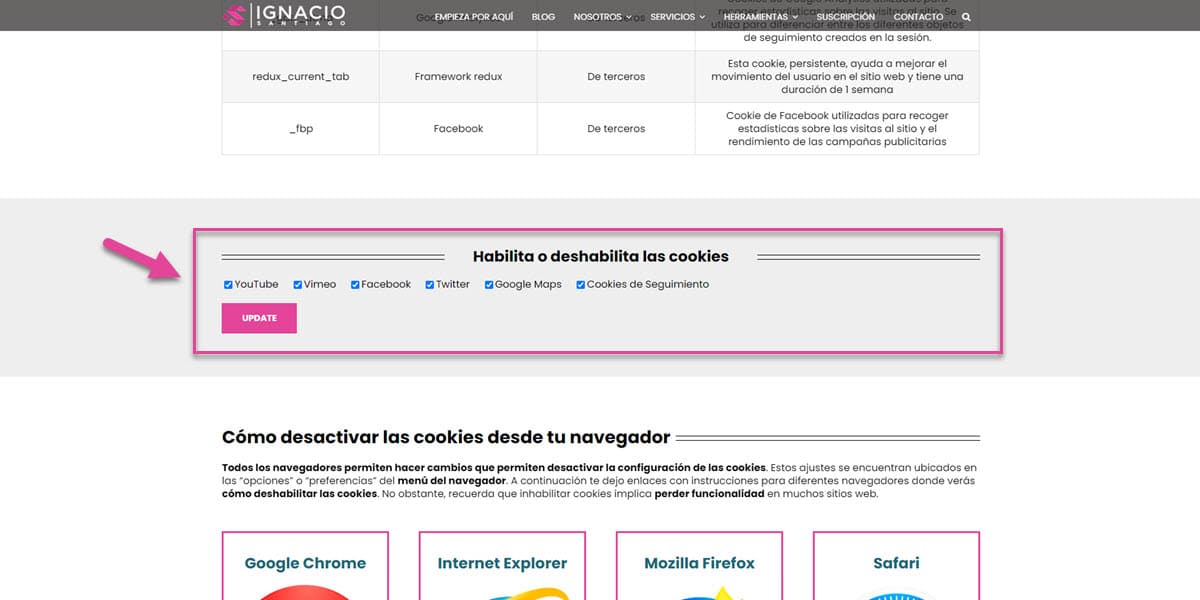 pagina cookies web wordpress habilitar deshabilitar cookies