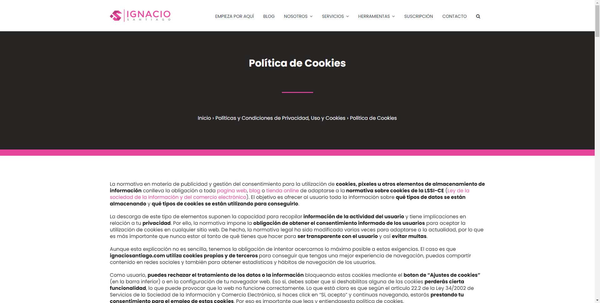 pagina cookies web wordpress