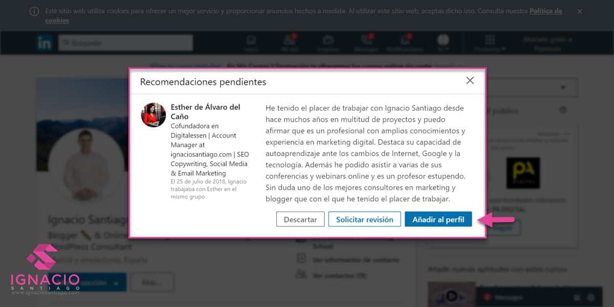 como configurar cuenta linkedin español aceptar recomendacion