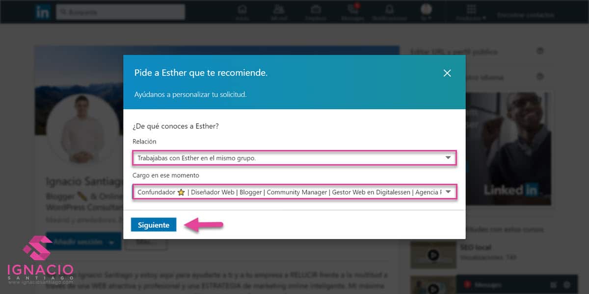 como configurar cuenta linkedin español añadir recomendacion