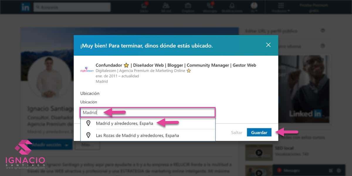 como configurar cuenta linkedin español añadir seccion experiencia laboral ubicacion
