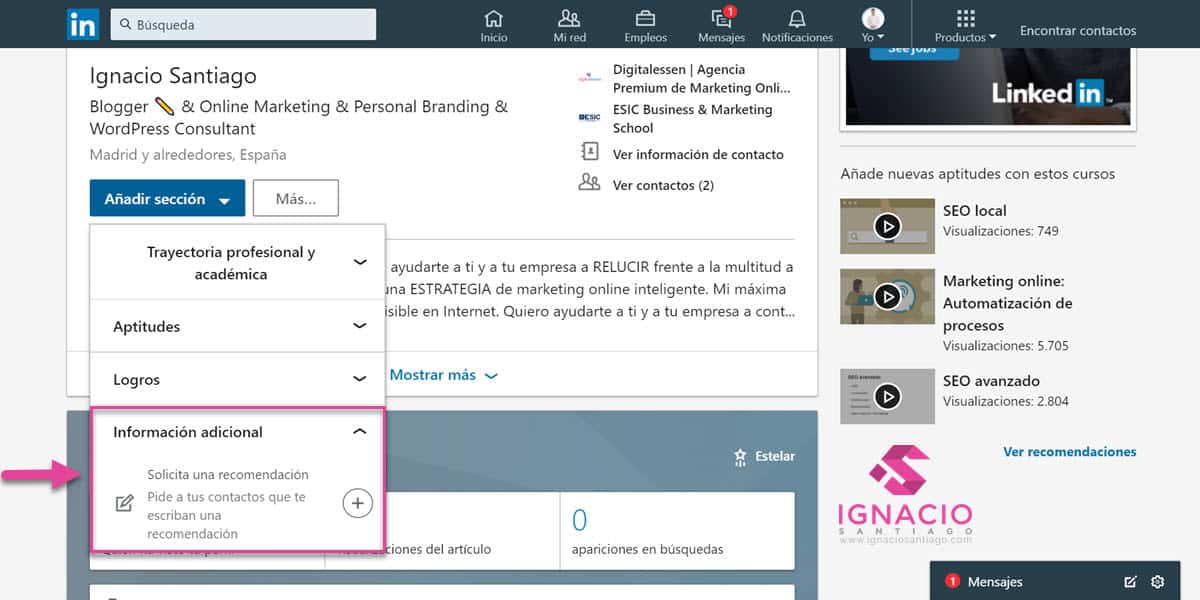 como configurar cuenta linkedin español añadir seccion informacion adicional recomendaciones