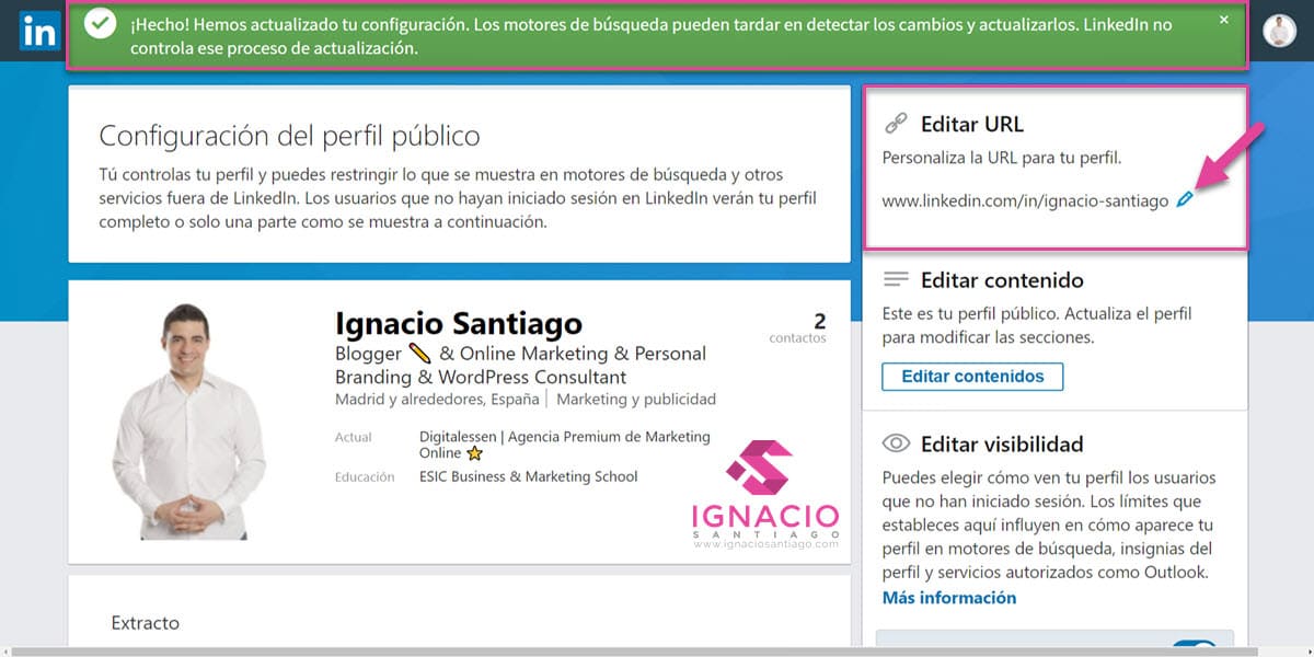 como configurar cuenta linkedin español editar url perfil publico