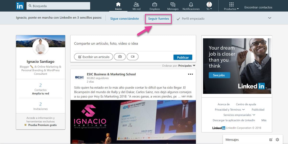 como configurar cuenta linkedin español seguir fuentes