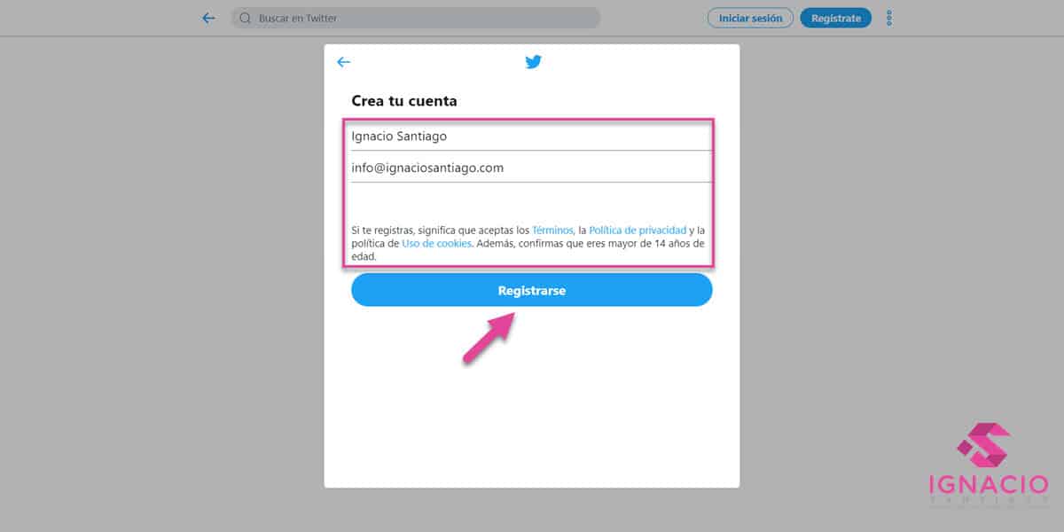 como crear cuenta perfil twitter español aceptar terminos politicas privacidad