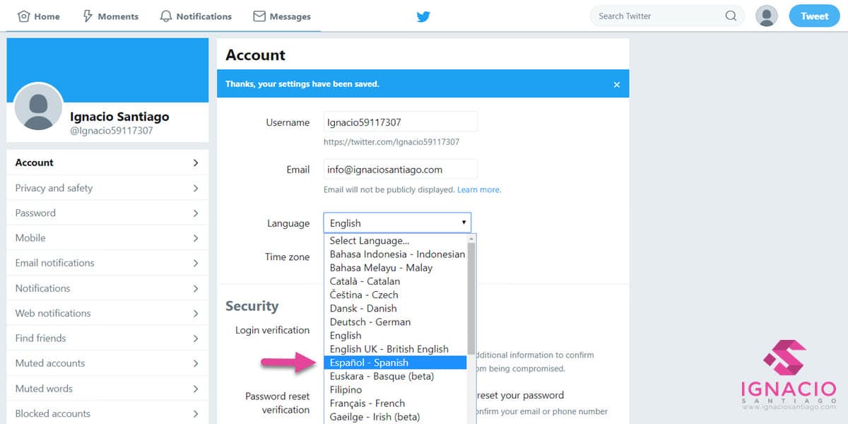 como crear cuenta perfil twitter español cambiar idioma