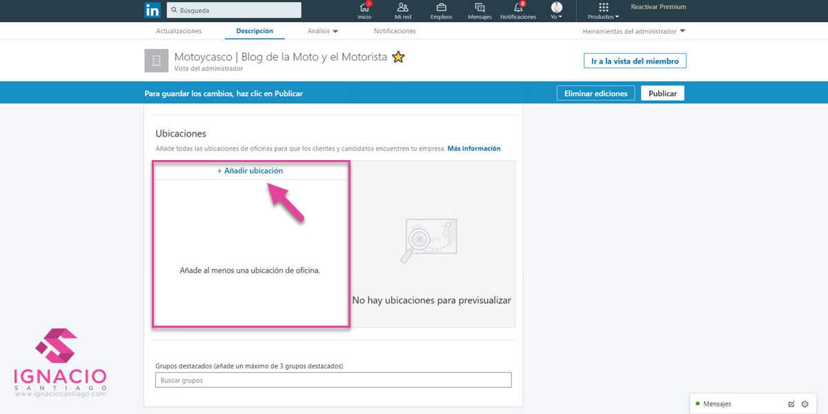 como crear pagina empresa linkedin español vista administrador añadir ubicacion direccion