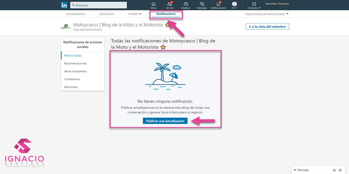 como crear pagina empresa linkedin español vista administrador notificaciones